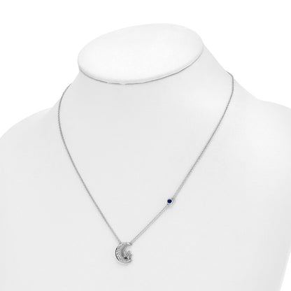 14k White Gold 1/5 Ct. Lab Grown Diamond VS/SI+ G+ Moon and Star with Created Sapphire Accent 18 inch Necklace