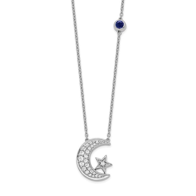 14k White Gold 1/5 Ct. Lab Grown Diamond VS/SI+ G+ Moon and Star with Created Sapphire Accent 18 inch Necklace