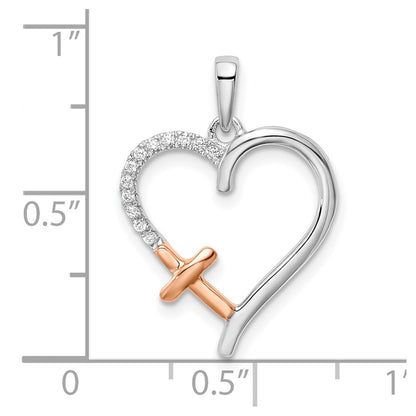 14K Two Tone White And Rose Heart Cross Diamond Pendant