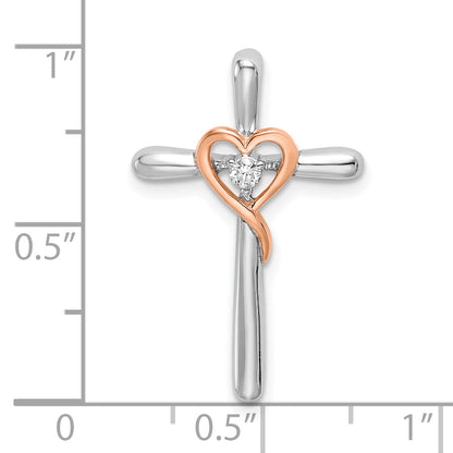 10K Two-Tone 10K White & Rose Cross W/Heart Diamond Chain Slide
