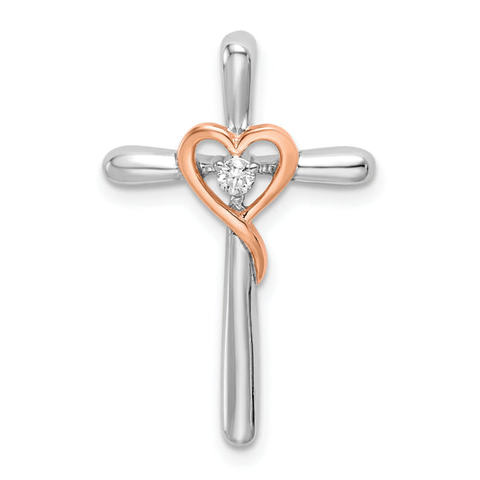10K Two-Tone 10K White & Rose Cross W/Heart Diamond Chain Slide