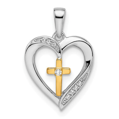 14K Two Tone Heart With Cross Diamond Pendant