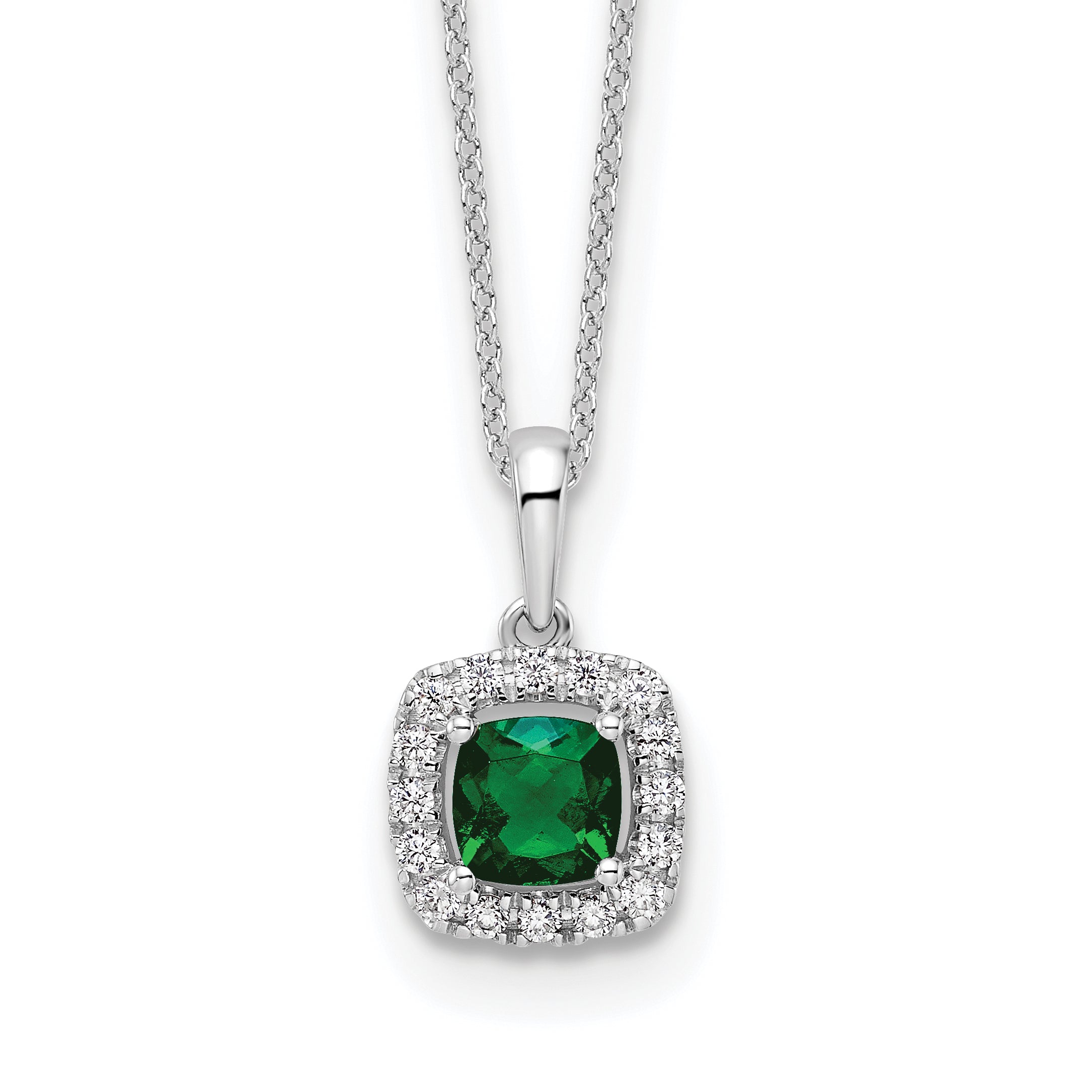 10k White Gold 1/4 Ct. Lab Grown Diamond VS/SI+ G+ and Created Emerald 18 inch Pendant Necklace