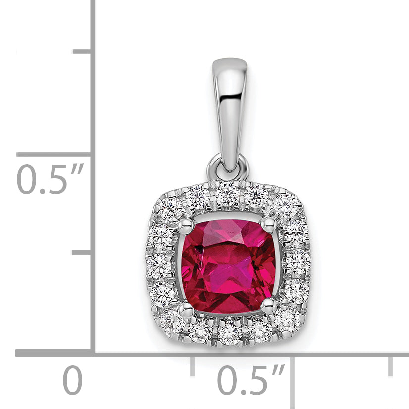 14k White Gold 1/4 Ct. Lab Grown Diamond VS/SI+ G+ July Birthstone Lab Created Ruby Halo Pendant