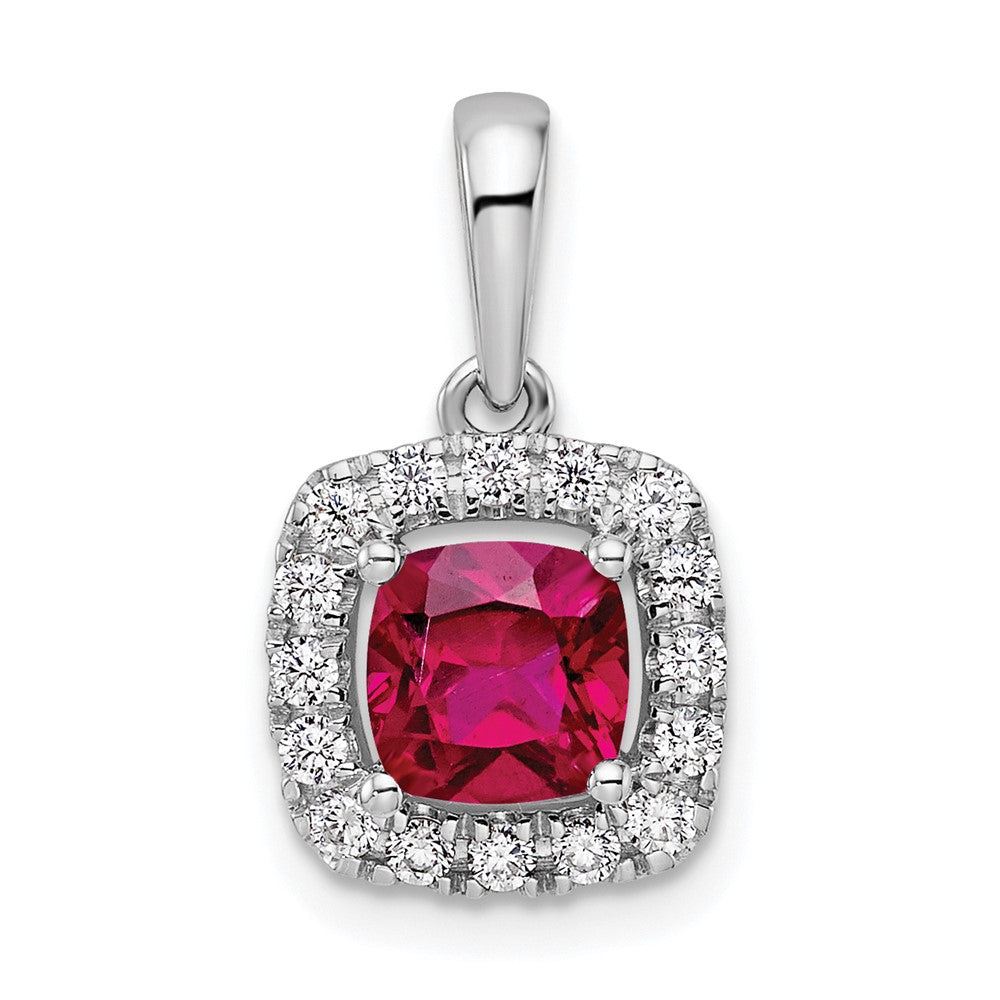 14k White Gold 1/4 Ct. Lab Grown Diamond VS/SI+ G+ July Birthstone Lab Created Ruby Halo Pendant