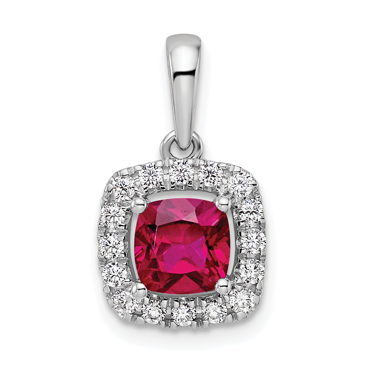 14k White Gold 1/4 Ct. Lab Grown Diamond VS/SI+ G+ July Birthstone Lab Created Ruby Halo Pendant