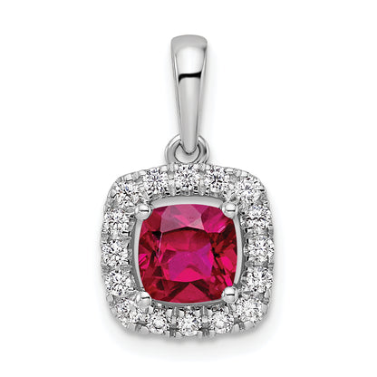 14k White Gold 1/4 Ct. Lab Grown Diamond VS/SI+ G+ July Birthstone Lab Created Ruby Halo Pendant
