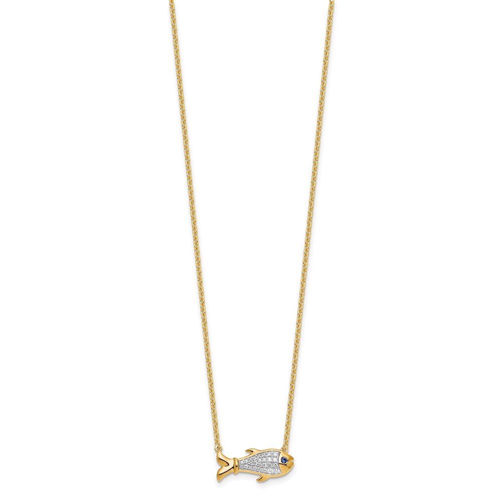 14k Yellow Gold 1/6 Ct. Lab Grown Diamond VS/SI+ G+ and Created Sapphire Fish 18 inch Necklace