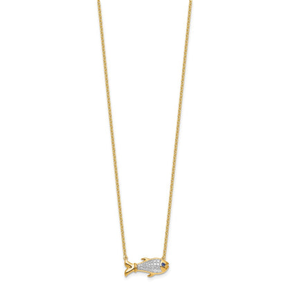 14k Yellow Gold 1/6 Ct. Lab Grown Diamond VS/SI+ G+ and Created Sapphire Fish 18 inch Necklace