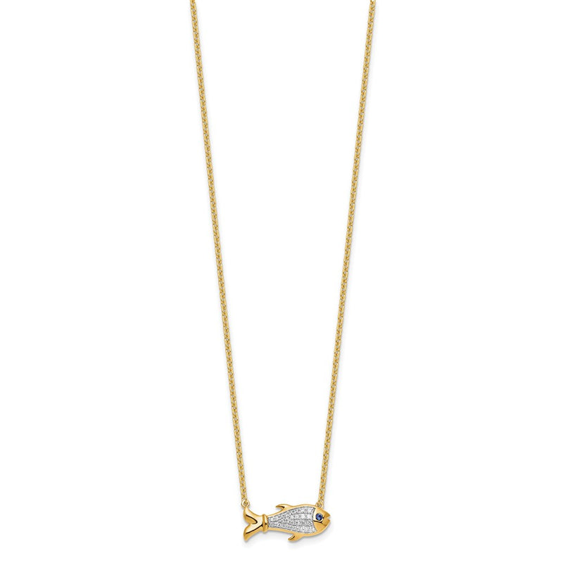 14k Yellow Gold 1/6 Ct. Lab Grown Diamond VS/SI+ G+ and Created Sapphire Fish 18 inch Necklace