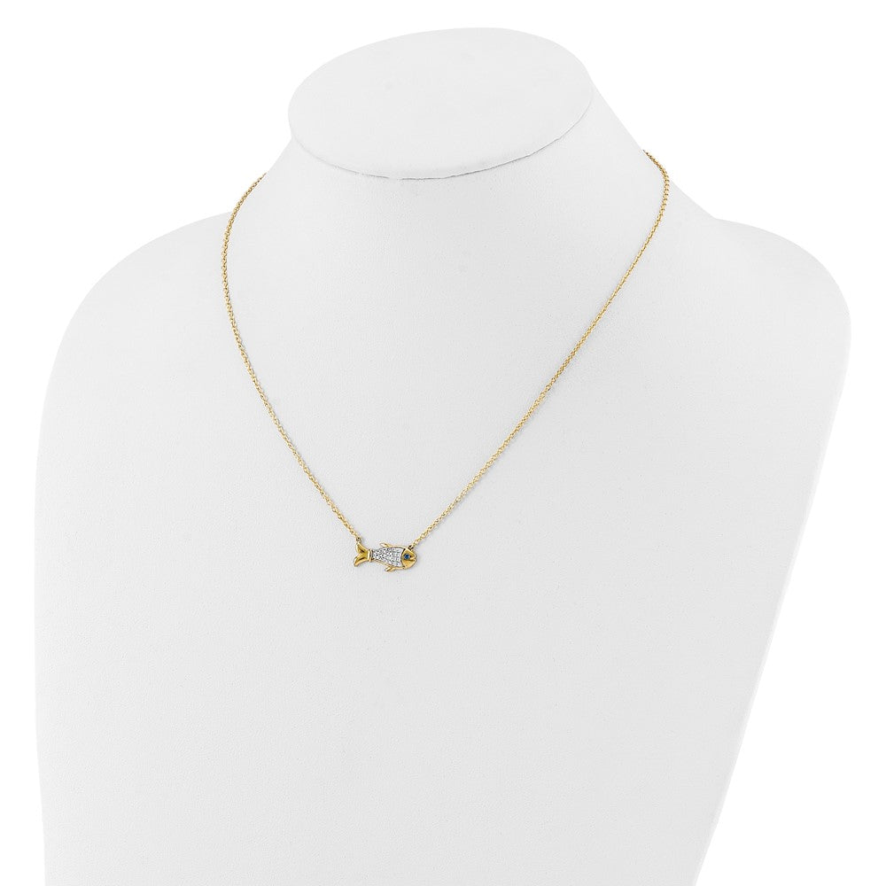 14k Yellow Gold 1/6 Ct. Lab Grown Diamond VS/SI+ G+ and Created Sapphire Fish 18 inch Necklace