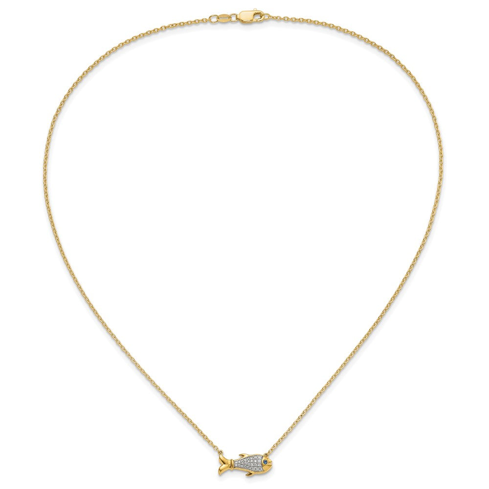 14k Yellow Gold 1/6 Ct. Lab Grown Diamond VS/SI+ G+ and Created Sapphire Fish 18 inch Necklace