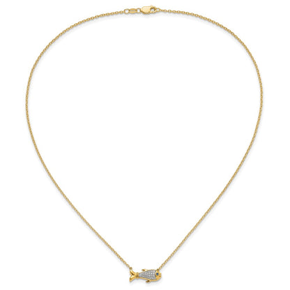 14k Yellow Gold 1/6 Ct. Lab Grown Diamond VS/SI+ G+ and Created Sapphire Fish 18 inch Necklace