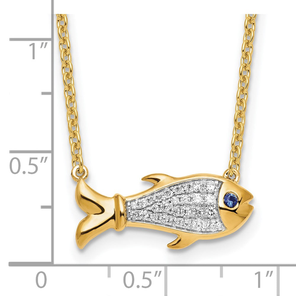 14k Yellow Gold 1/6 Ct. Lab Grown Diamond VS/SI+ G+ and Created Sapphire Fish 18 inch Necklace