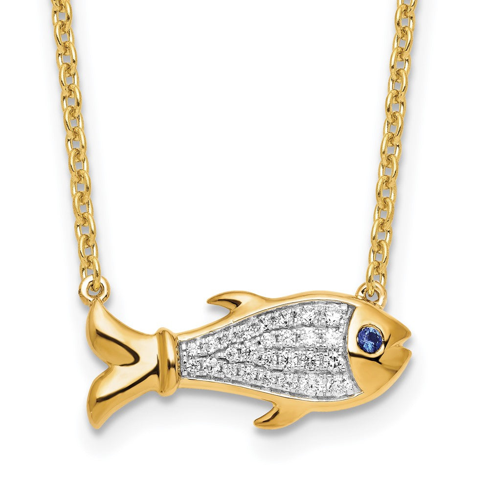 14k Yellow Gold 1/6 Ct. Lab Grown Diamond VS/SI+ G+ and Created Sapphire Fish 18 inch Necklace