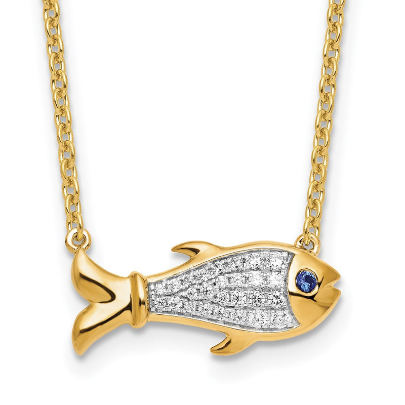14k Yellow Gold 1/6 Ct. Lab Grown Diamond VS/SI+ G+ and Created Sapphire Fish 18 inch Necklace
