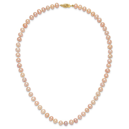 14K Yellow Gold 6-7mm Pink Near Round Freshwater Cultured Pearl Necklace