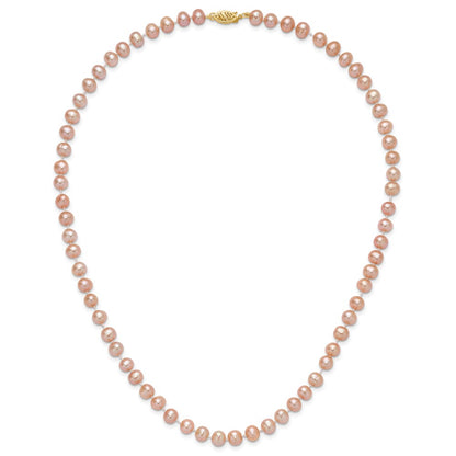 14K Yellow Gold 6-7mm Pink Near Round Freshwater Cultured Pearl Necklace