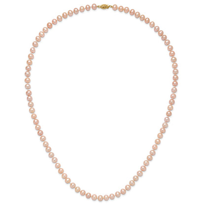 14K Yellow Gold 6-7mm Pink Near Round Freshwater Cultured Pearl Necklace