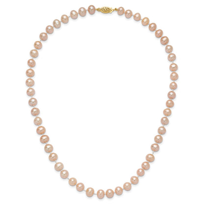14K Yellow Gold 7-8mm Pink Near Round Freshwater Cultured Pearl Necklace