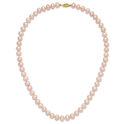 14K Yellow Gold 7-8mm Pink Near Round Freshwater Cultured Pearl Necklace