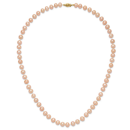 14K Yellow Gold 7-8mm Pink Near Round Freshwater Cultured Pearl Necklace