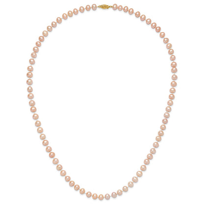 14K Yellow Gold 7-8mm Pink Near Round Freshwater Cultured Pearl Necklace