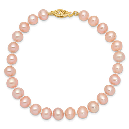 7.5 Inch 14K 7-8mm Pink Near Round Freshwater Cultured Pearl Bracelet