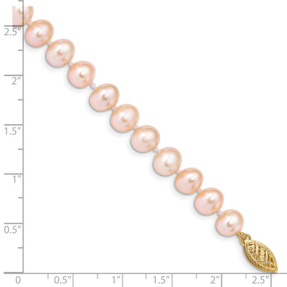 7.5 Inch 14K 7-8mm Pink Near Round Freshwater Cultured Pearl Bracelet