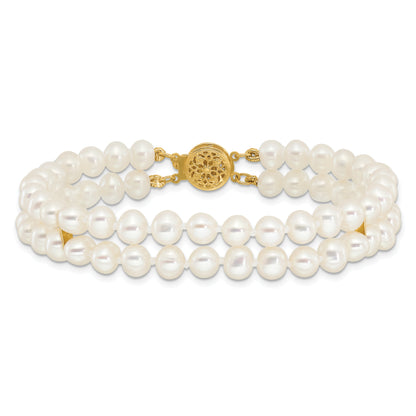 7.5 Inch 14K 5-6mm White Near Round Fw Cultured Pearl 2-Strand Bracelet