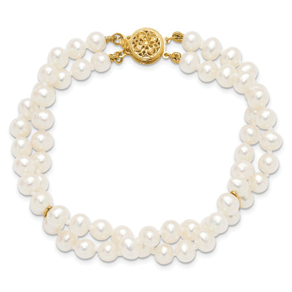 7.5 Inch 14K 5-6mm White Near Round Fw Cultured Pearl 2-Strand Bracelet