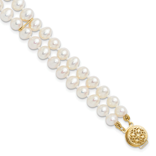 7.5 Inch 14K 5-6mm White Near Round Fw Cultured Pearl 2-Strand Bracelet