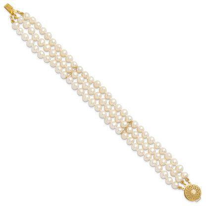 7.5 Inch 14K 5-6mm White Near Round Fw Cultured Pearl 3-Strand Bracelet