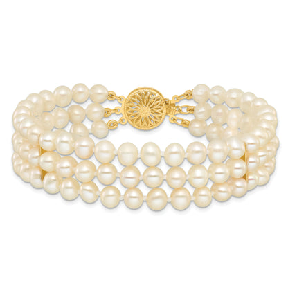 7.5 Inch 14K 5-6mm White Near Round Fw Cultured Pearl 3-Strand Bracelet