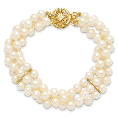 7.5 Inch 14K 5-6mm White Near Round Fw Cultured Pearl 3-Strand Bracelet