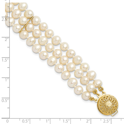 7.5 Inch 14K 5-6mm White Near Round Fw Cultured Pearl 3-Strand Bracelet