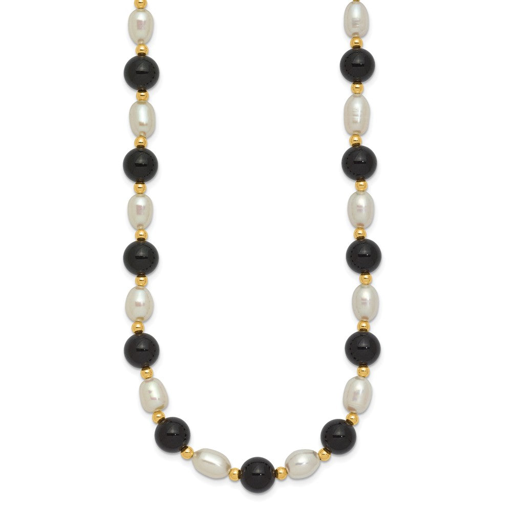 14K Yellow Gold 6-7mm White Rice Fw Cultured Pearl Onyx Bead Necklace