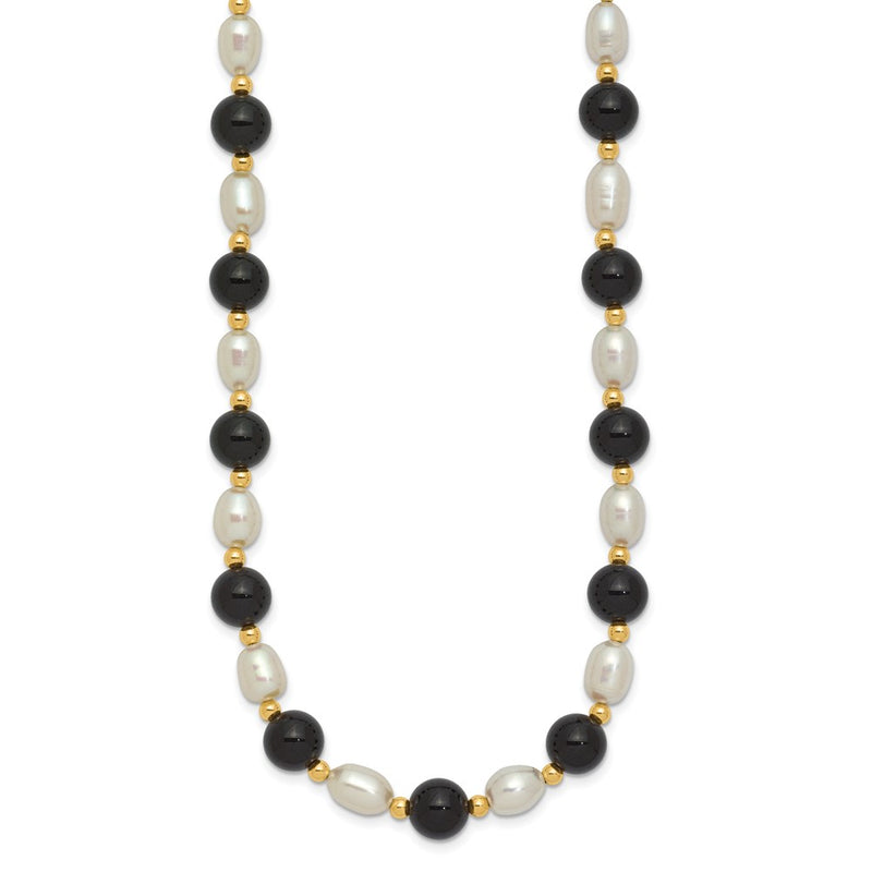 14K Yellow Gold 6-7mm White Rice Fw Cultured Pearl Onyx Bead Necklace