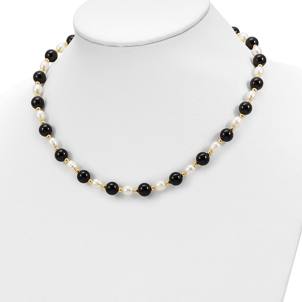 14K Yellow Gold 6-7mm White Rice Fw Cultured Pearl Onyx Bead Necklace