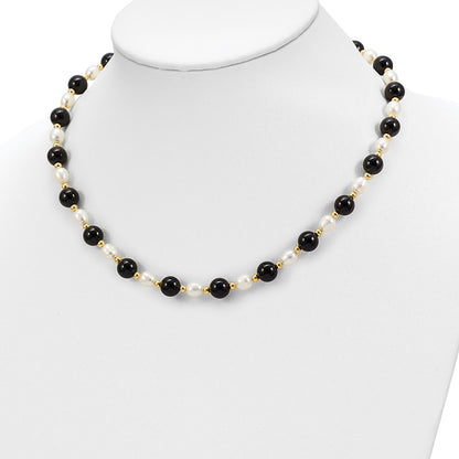 14K Yellow Gold 6-7mm White Rice Fw Cultured Pearl Onyx Bead Necklace