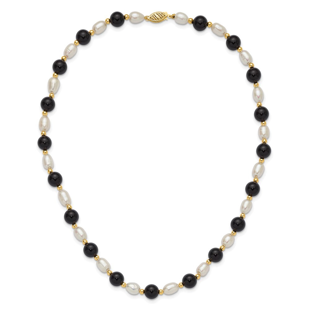 14K Yellow Gold 6-7mm White Rice Fw Cultured Pearl Onyx Bead Necklace
