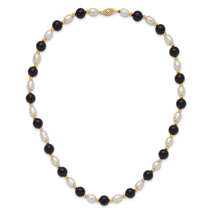 14K Yellow Gold 6-7mm White Rice Fw Cultured Pearl Onyx Bead Necklace