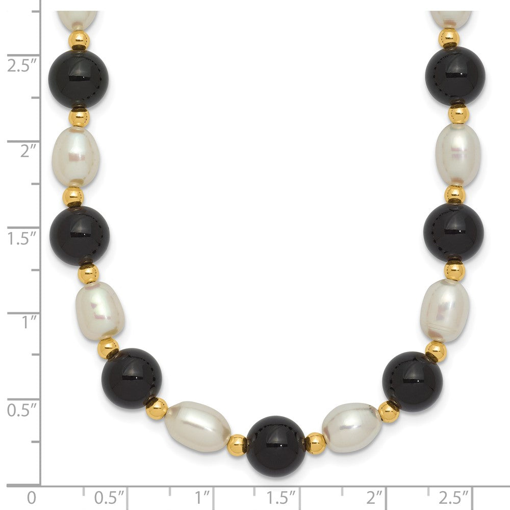 14K Yellow Gold 6-7mm White Rice Fw Cultured Pearl Onyx Bead Necklace