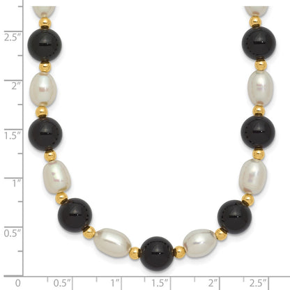 14K Yellow Gold 6-7mm White Rice Fw Cultured Pearl Onyx Bead Necklace