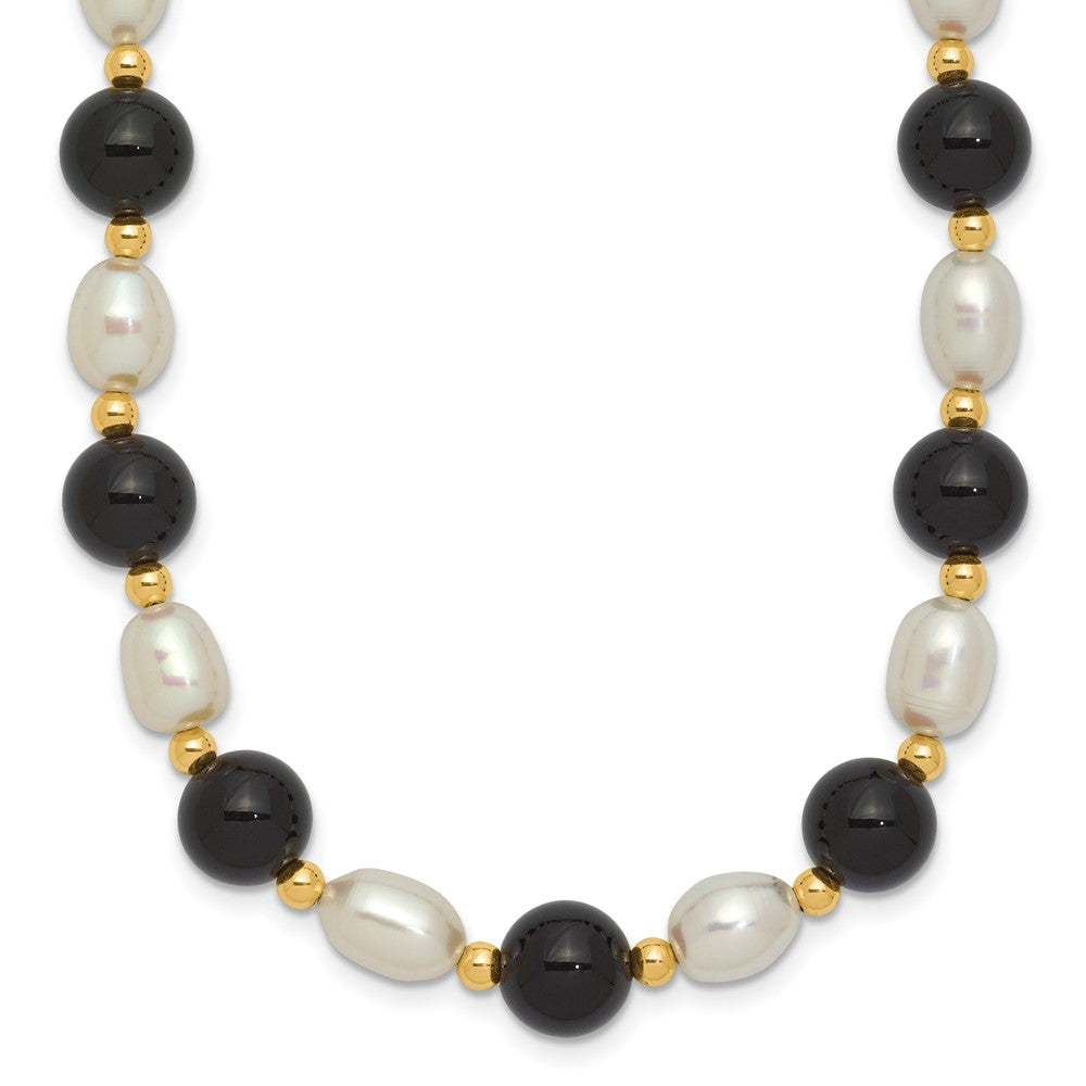 14K Yellow Gold 6-7mm White Rice Fw Cultured Pearl Onyx Bead Necklace