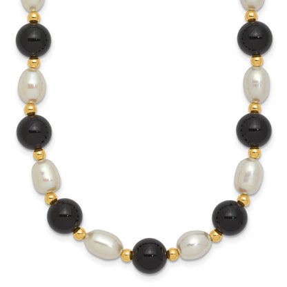 14K Yellow Gold 6-7mm White Rice Fw Cultured Pearl Onyx Bead Necklace