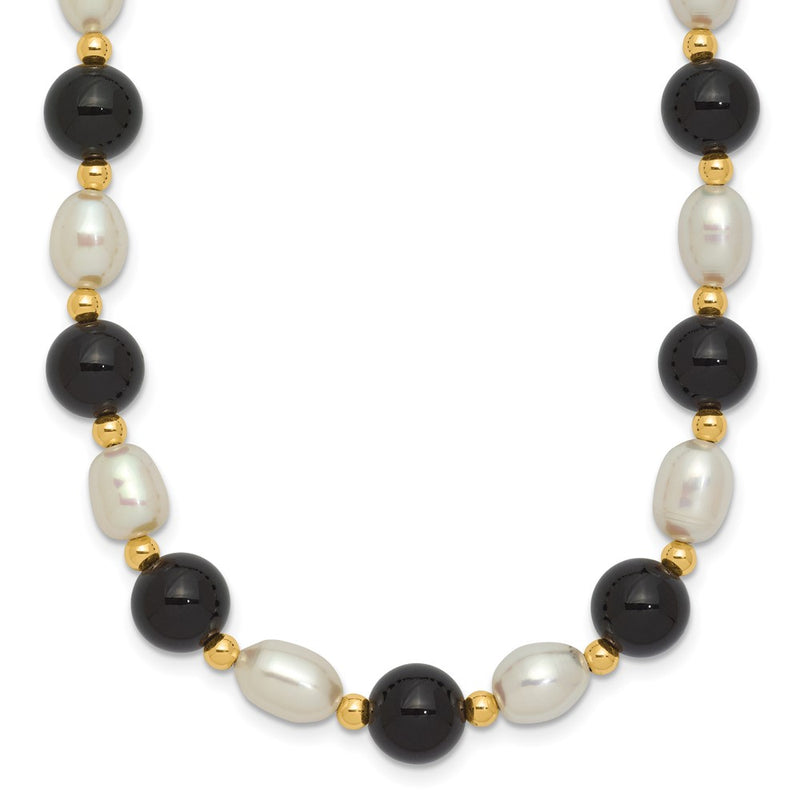 14K Yellow Gold 6-7mm White Rice Fw Cultured Pearl Onyx Bead Necklace