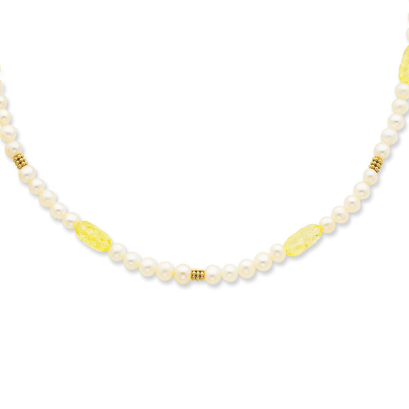 14K Yellow Gold Fw Cultured Pearl & Lemon Quartz Necklace