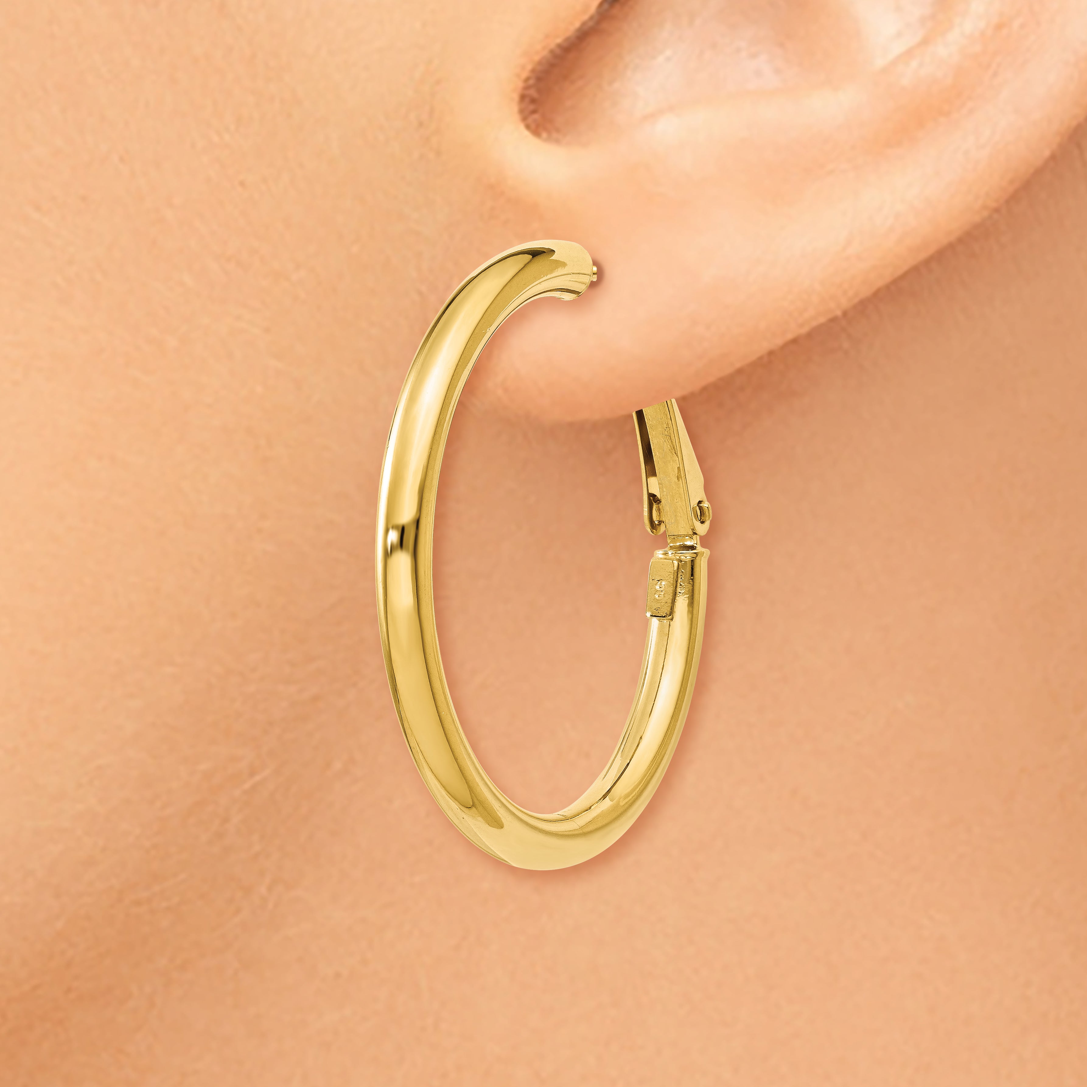 14K Yellow Gold 3X25mm Polished Round Omega Back Hoop Earrings