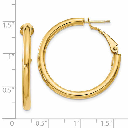 14K Yellow Gold 3X25mm Polished Round Omega Back Hoop Earrings